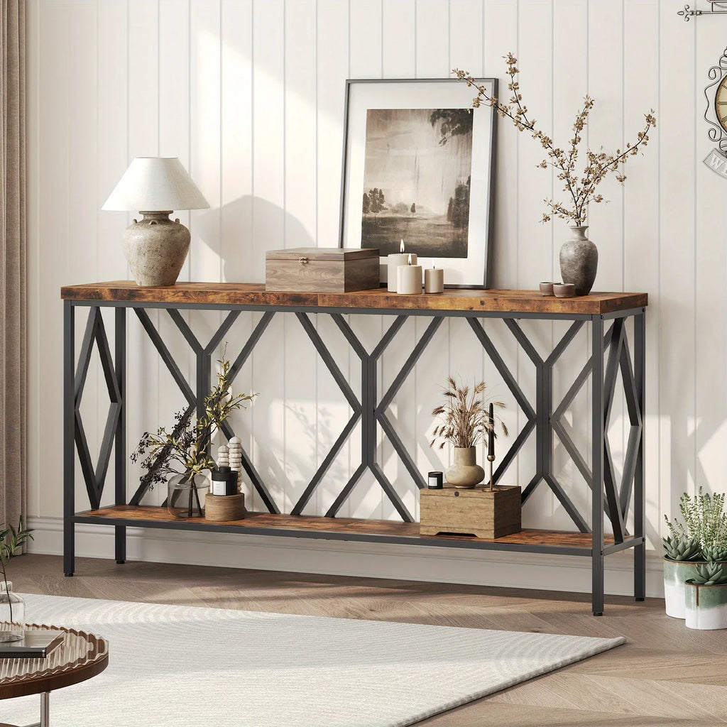 Rustic Brown And Black 70.9'' Extra Long Console Table, Industrial Sofa Table Behind Couch, 2 Tier Narrow Entryway Table with Storage Shelf, for Living Room House Of Avana