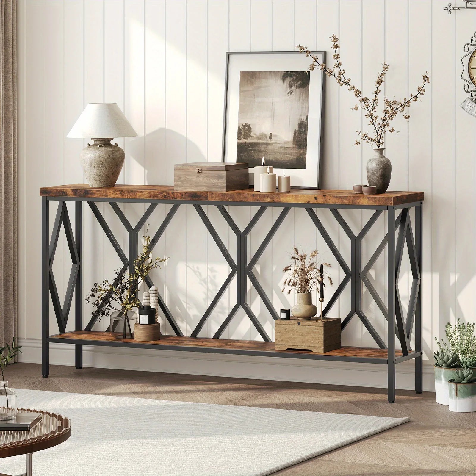 Rustic Brown And Black 70.9'' Extra Long Console Table, Industrial Sofa Table Behind Couch, 2 Tier Narrow Entryway Table with Storage Shelf, for Living Room House Of Avana
