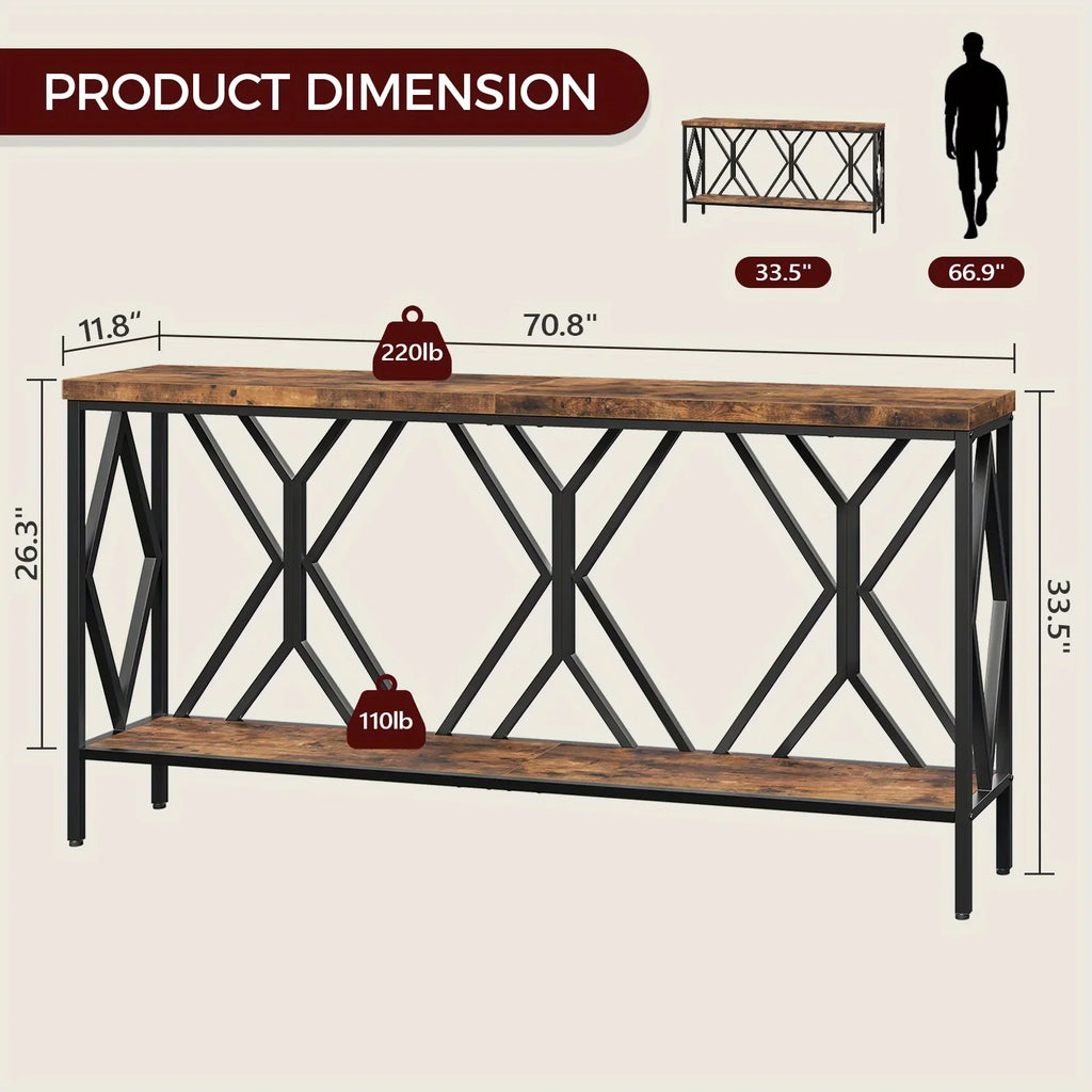 Rustic Brown And Black 70.9'' Extra Long Console Table, Industrial Sofa Table Behind Couch, 2 Tier Narrow Entryway Table with Storage Shelf, for Living Room House Of Avana