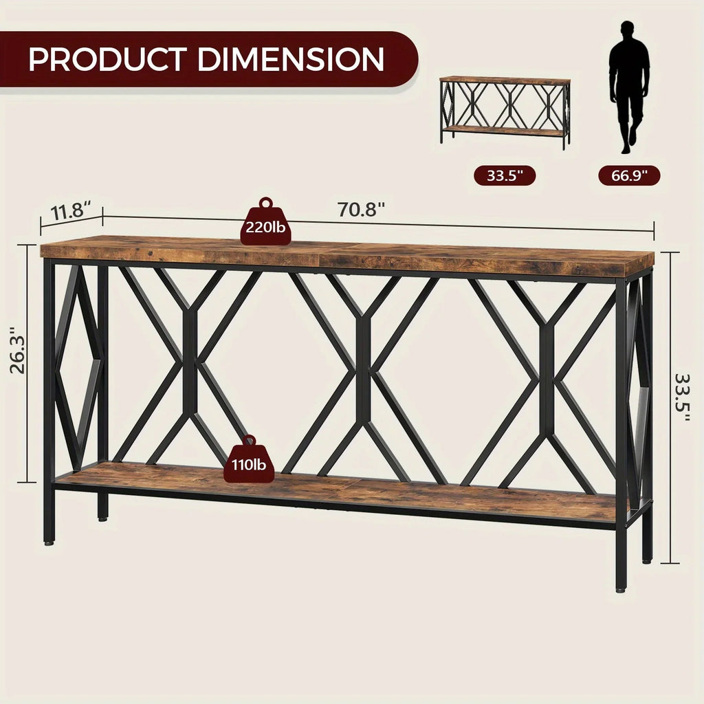 Rustic Brown And Black 70.9'' Extra Long Console Table, Industrial Sofa Table Behind Couch, 2 Tier Narrow Entryway Table with Storage Shelf, for Living Room House Of Avana [[SKU:HOA-SOF-016]]