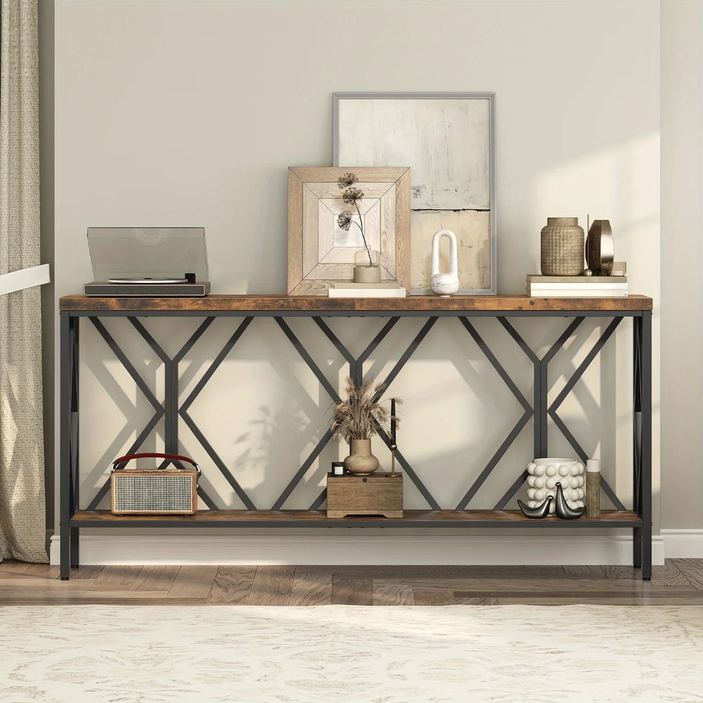 Rustic Brown And Black 70.9'' Extra Long Console Table, Industrial Sofa Table Behind Couch, 2 Tier Narrow Entryway Table with Storage Shelf, for Living Room House Of Avana