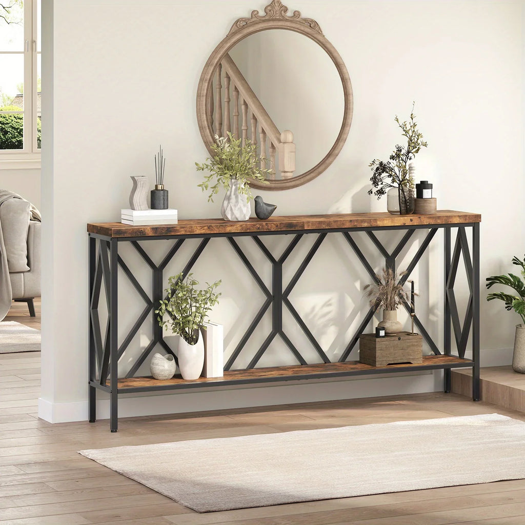 Rustic Brown And Black 70.9'' Extra Long Console Table, Industrial Sofa Table Behind Couch, 2 Tier Narrow Entryway Table with Storage Shelf, for Living Room House Of Avana