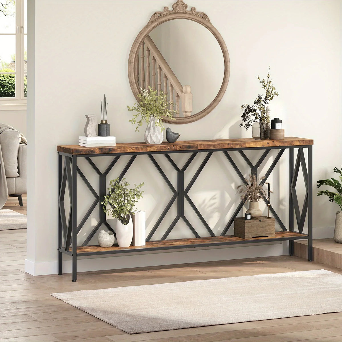 Rustic Brown And Black 70.9'' Extra Long Console Table, Industrial Sofa Table Behind Couch, 2 Tier Narrow Entryway Table with Storage Shelf, for Living Room House Of Avana