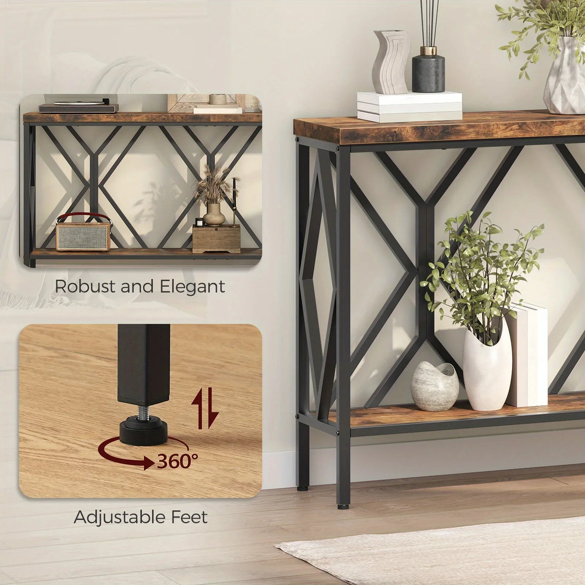 Rustic Brown And Black 70.9'' Extra Long Console Table, Industrial Sofa Table Behind Couch, 2 Tier Narrow Entryway Table with Storage Shelf, for Living Room House Of Avana
