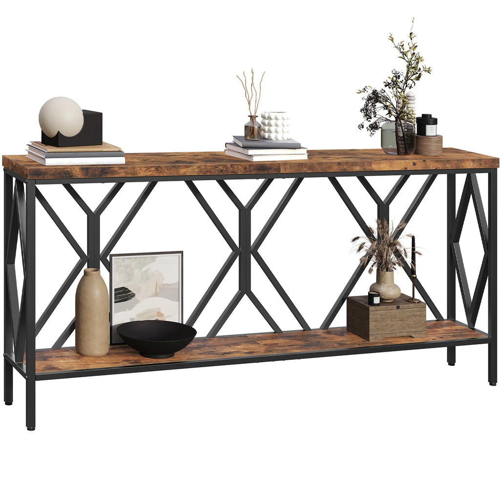 Rustic Brown And Black 70.9'' Extra Long Console Table, Industrial Sofa Table Behind Couch, 2 Tier Narrow Entryway Table with Storage Shelf, for Living Room House Of Avana