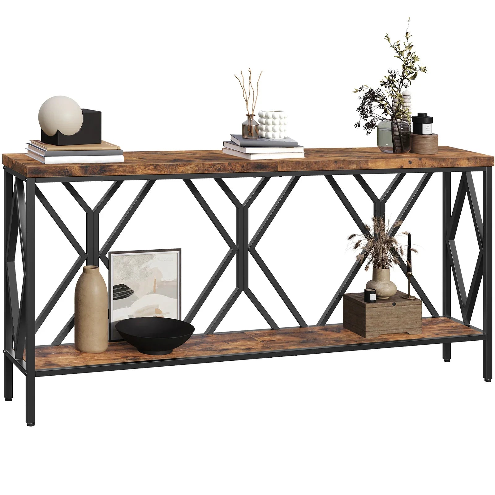 Rustic Brown And Black 70.9'' Extra Long Console Table, Industrial Sofa Table Behind Couch, 2 Tier Narrow Entryway Table with Storage Shelf, for Living Room House Of Avana