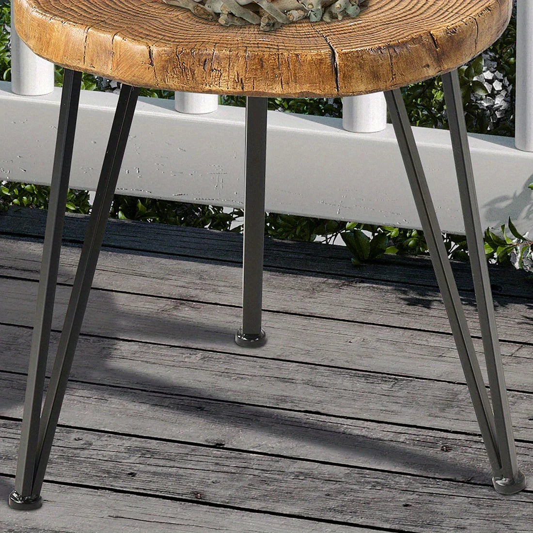 Outdoor Side Table, Round Faux Wood End Table with Oak Colored Table Top and Triangular Metal Feet, Light Weight Accent Table for Living Room, Bedroom or Balcony, 19x20inches House Of Avana