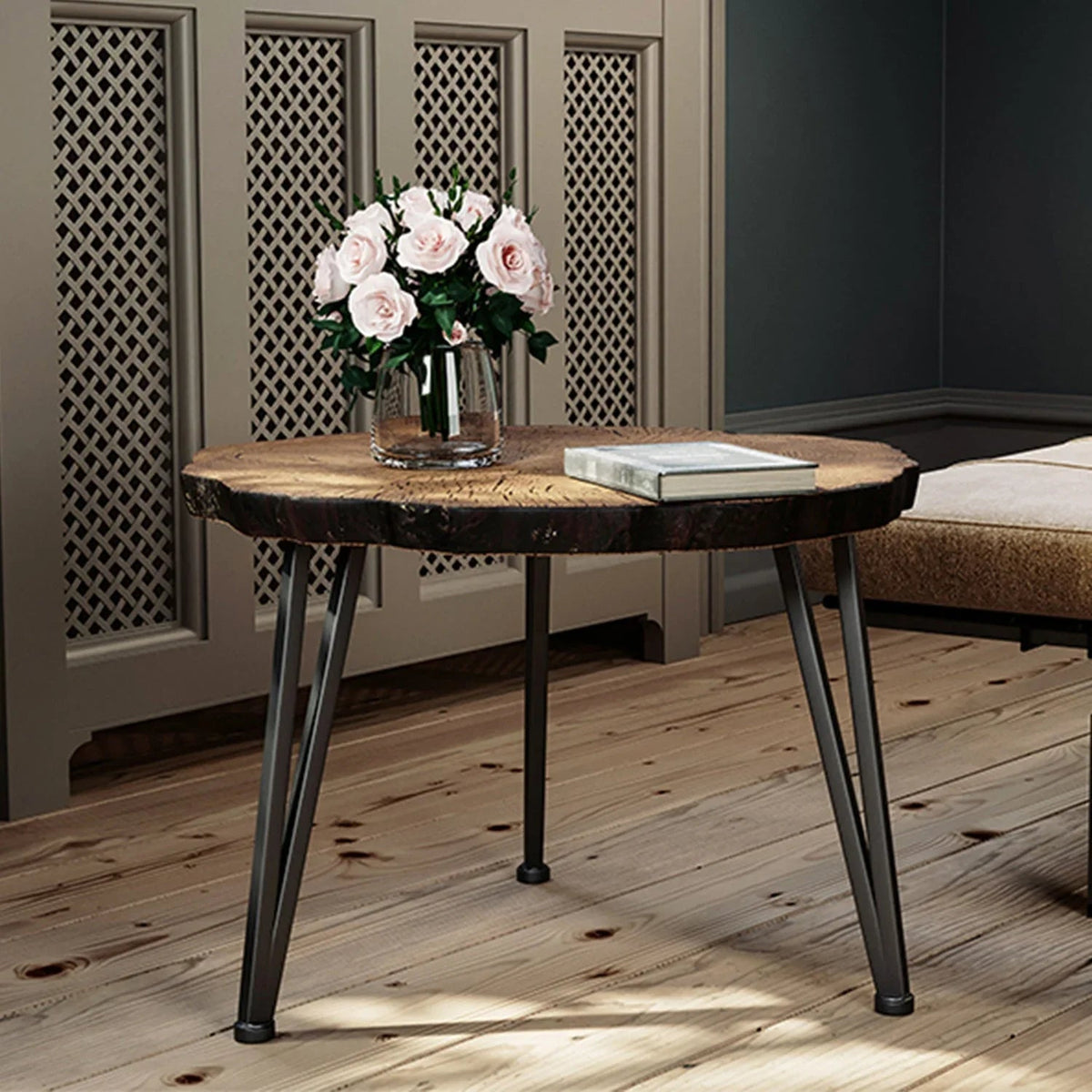 Outdoor Side Table, Round Faux Wood End Table with Oak Colored Table Top and Triangular Metal Feet, Light Weight Accent Table for Living Room, Bedroom or Balcony, 19x20inches House Of Avana [[SKU:HOA-END-005]]