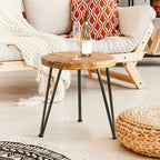 Outdoor Side Table, Round Faux Wood End Table with Oak Colored Table Top and Triangular Metal Feet, Light Weight Accent Table for Living Room, Bedroom or Balcony, 19x20inches House Of Avana