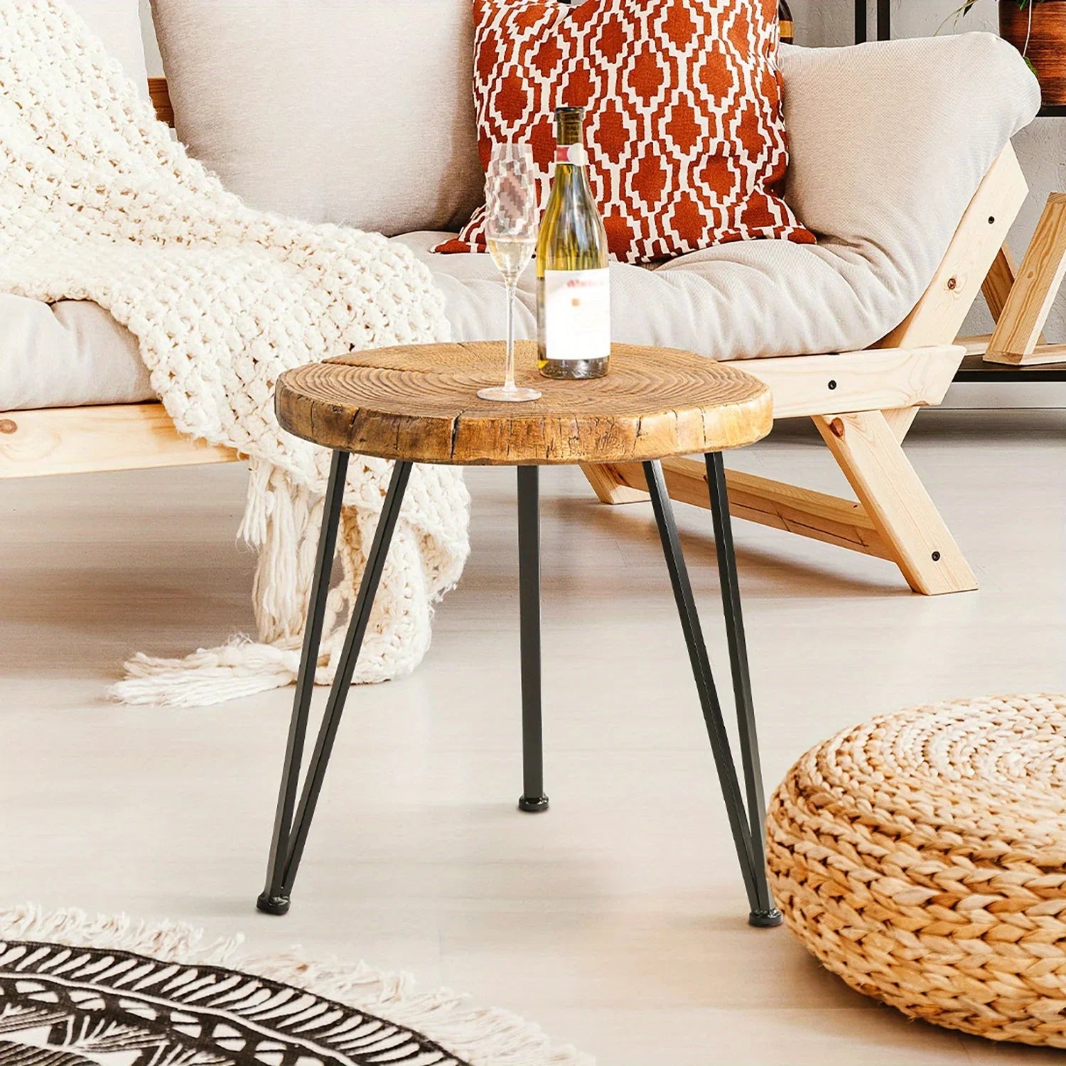 Outdoor Side Table, Round Faux Wood End Table with Oak Colored Table Top and Triangular Metal Feet, Light Weight Accent Table for Living Room, Bedroom or Balcony, 19x20inches House Of Avana