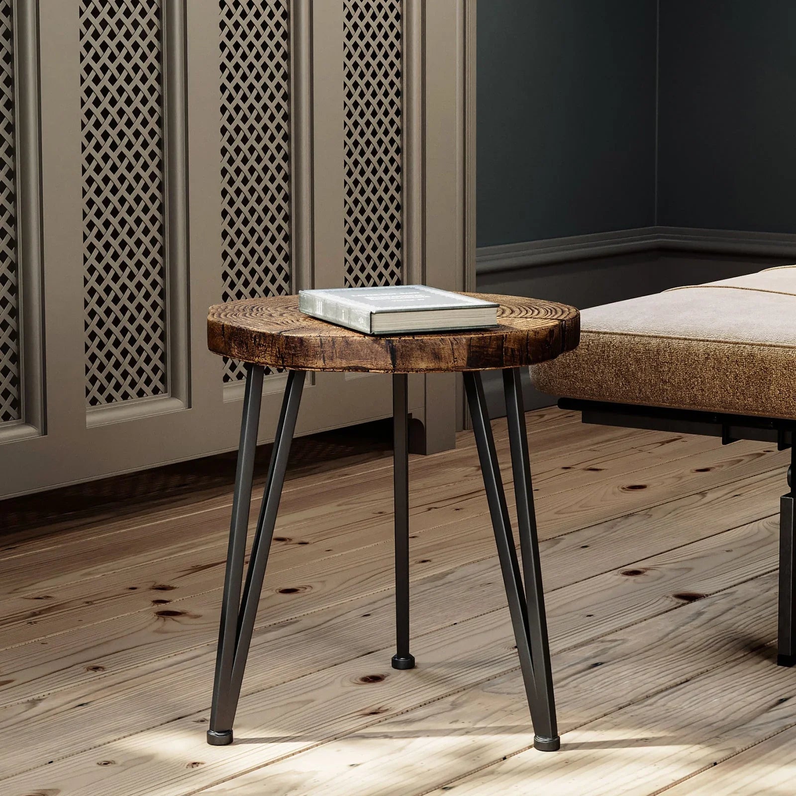 Round faux wood oak side table with black metal tripod legs and a textured wood grain top.