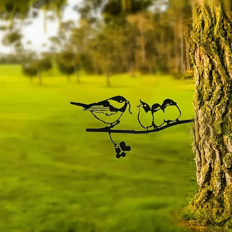 Delightful Birds Silhouette Metal Decoration - Rustic Farmhouse Garden Accent, Feeding Bird Animal Stump... - House Of Avana