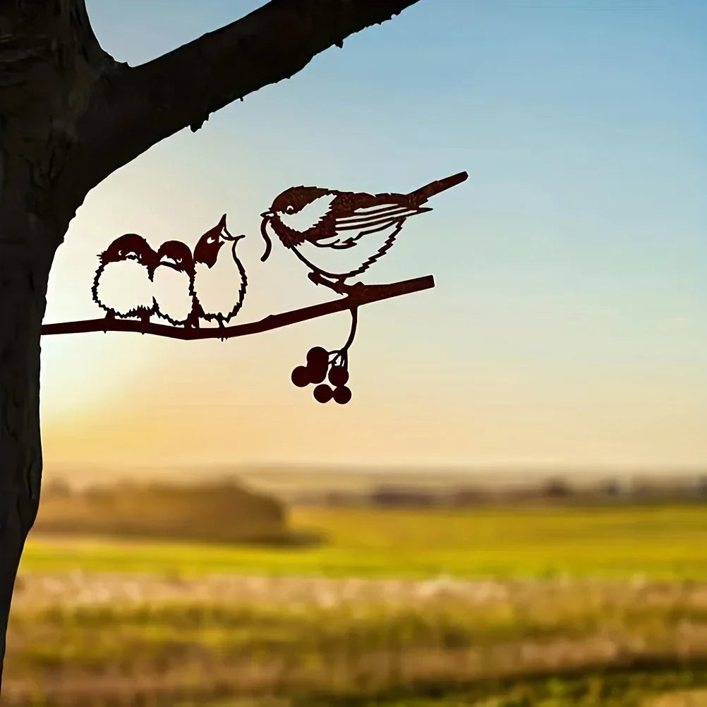 Delightful Birds Silhouette Metal Decoration - Rustic Farmhouse Garden Accent, Feeding Bird Animal Stump... - House Of Avana