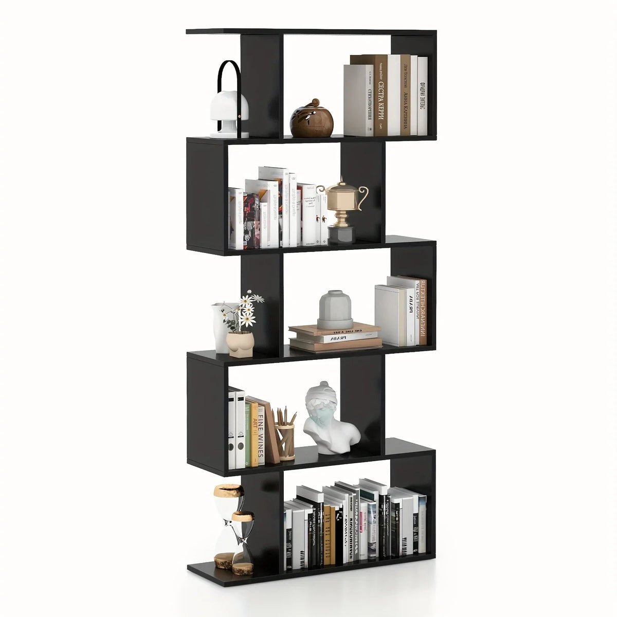 5-tier Geometric S-shaped Bookcase, Rustic Wooden Room Divider Storage Display Shelf, 62.5" Tall... - House Of Avana [[SKU:HOA-STO-022]]