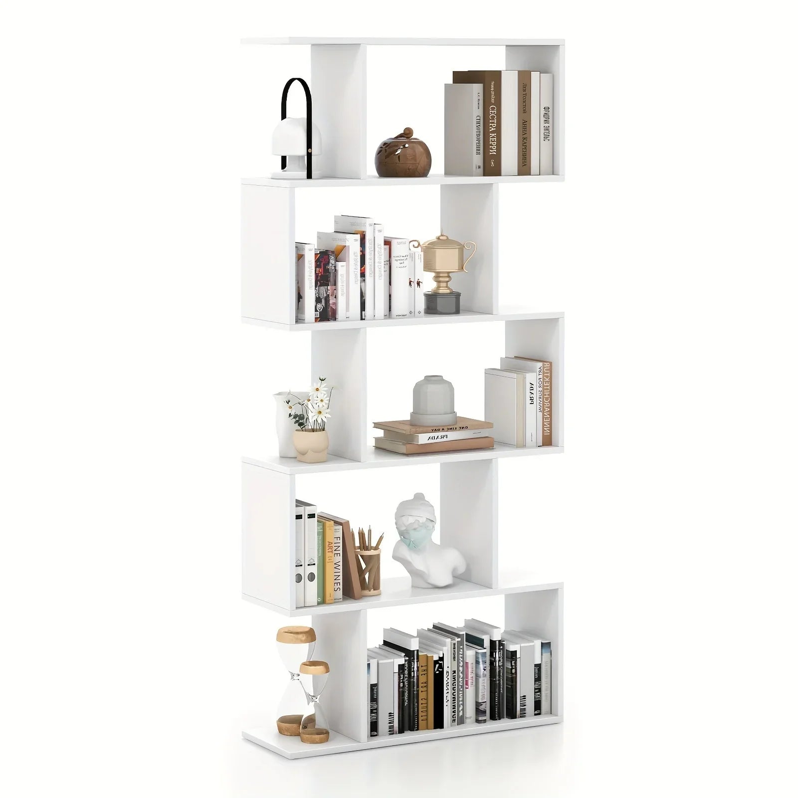 5-tier Geometric S-shaped Bookcase, Rustic Wooden Room Divider Storage Display Shelf, 62.5" Tall... - House Of Avana