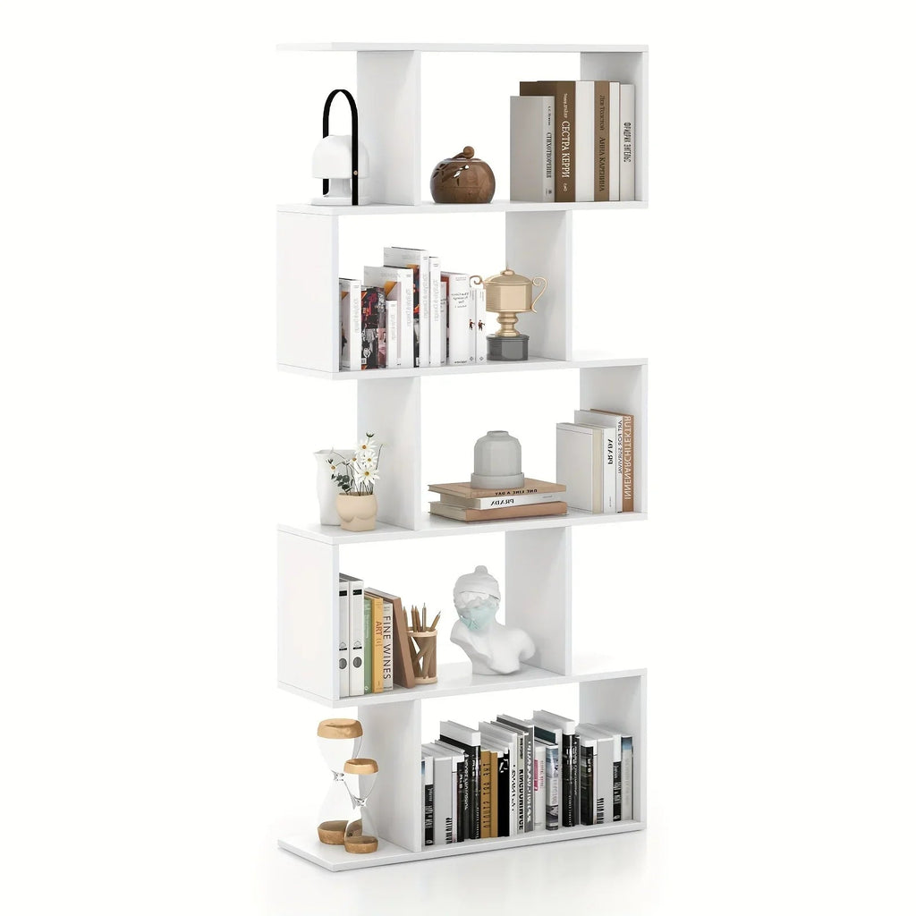 5-tier Geometric S-shaped Bookcase, Rustic Wooden Room Divider Storage Display Shelf, 62.5" Tall... - House Of Avana [[SKU:HOA-STO-022]]