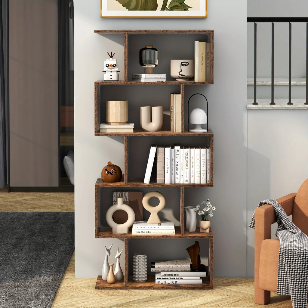 5-tier Geometric S-shaped Bookcase, Rustic Wooden Room Divider Storage Display Shelf, 62.5" Tall... - House Of Avana