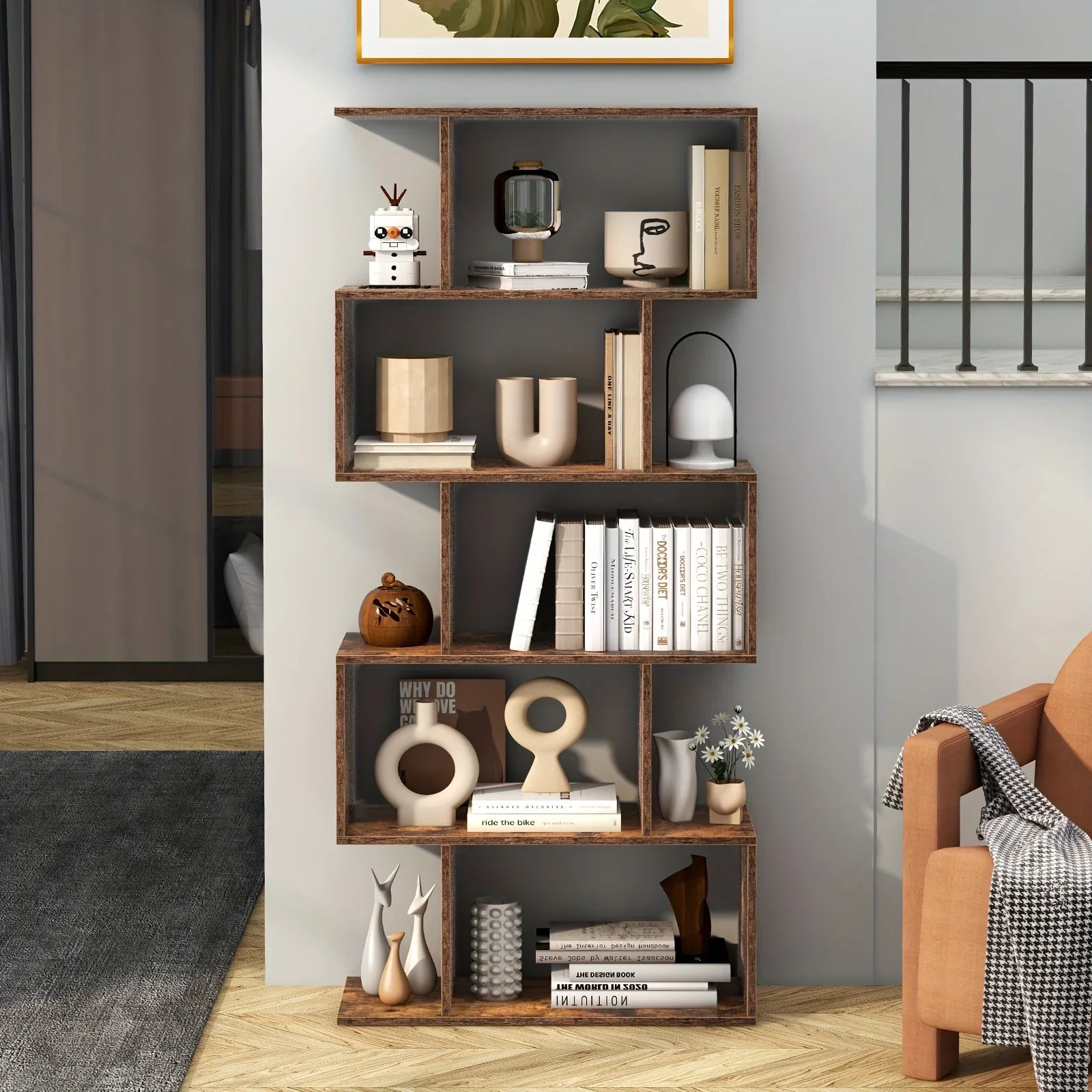 5-tier Geometric S-shaped Bookcase, Rustic Wooden Room Divider Storage Display Shelf, 62.5" Tall... - House Of Avana