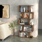 5-tier Geometric S-shaped Bookcase, Rustic Wooden Room Divider Storage Display Shelf, 62.5" Tall... - House Of Avana