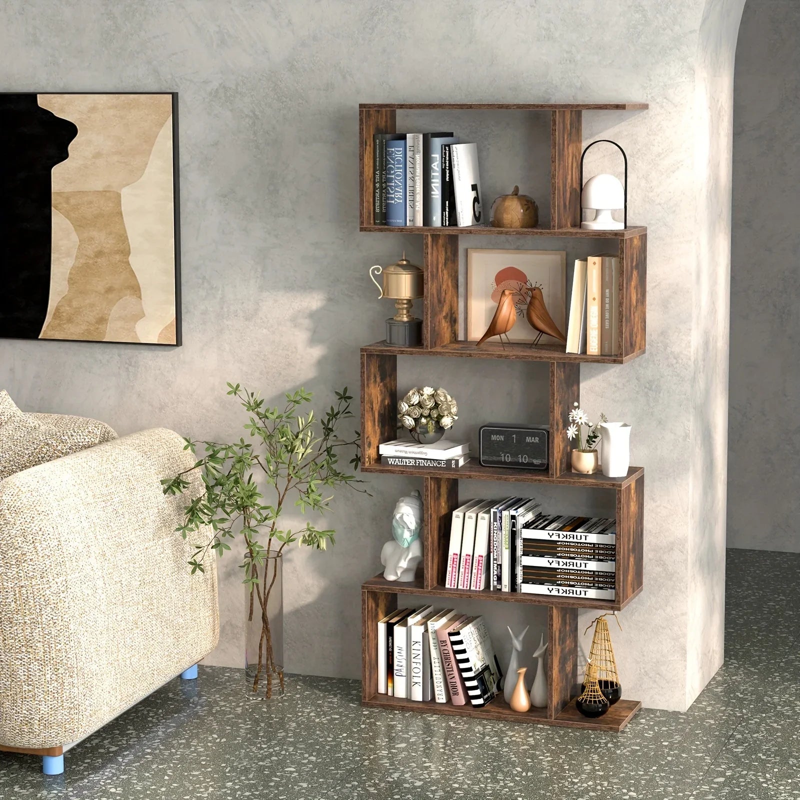 5-tier Geometric S-shaped Bookcase, Rustic Wooden Room Divider Storage Display Shelf, 62.5" Tall... - House Of Avana