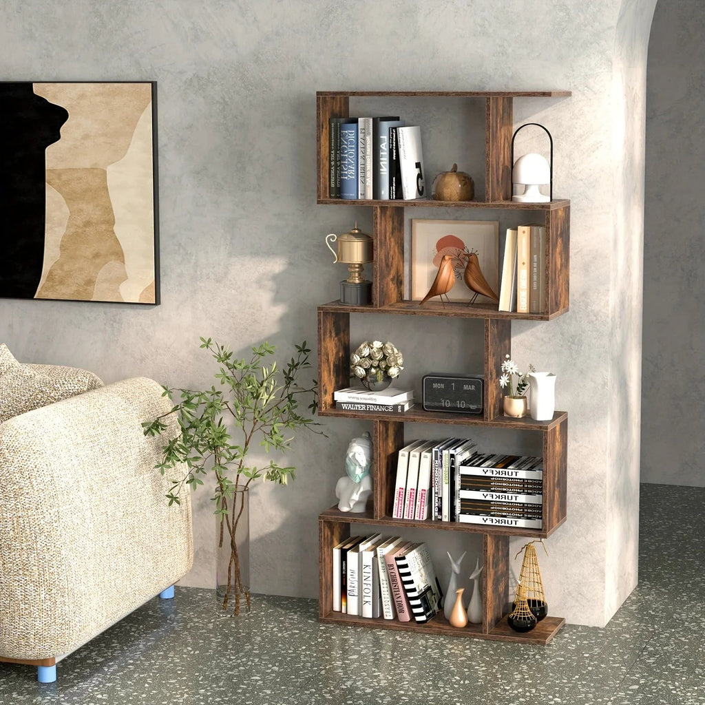 5-tier Geometric S-shaped Bookcase, Rustic Wooden Room Divider Storage Display Shelf, 62.5" Tall... - House Of Avana [[SKU:HOA-STO-022]]