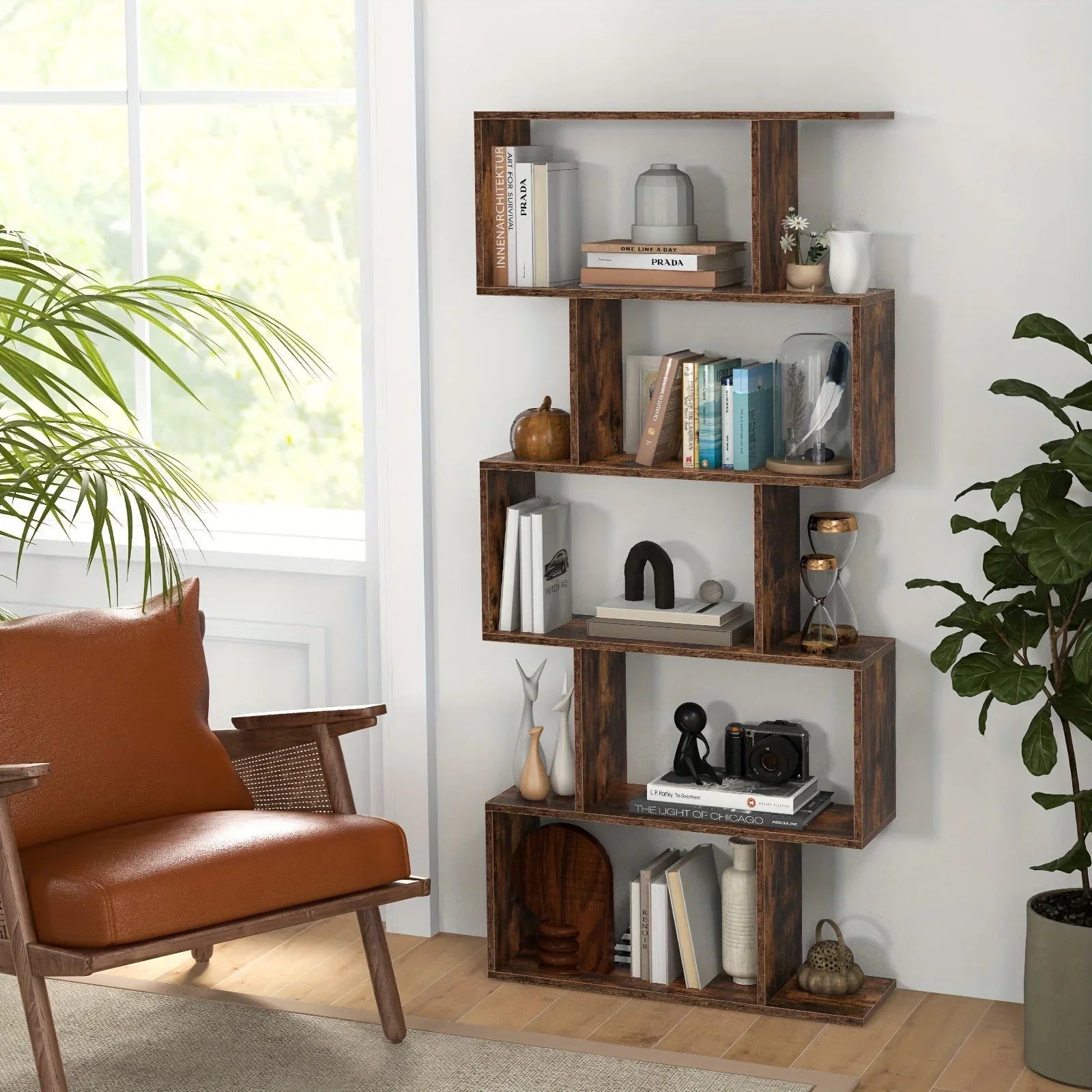 5-tier Geometric S-shaped Bookcase, Rustic Wooden Room Divider Storage Display Shelf, 62.5" Tall... - House Of Avana