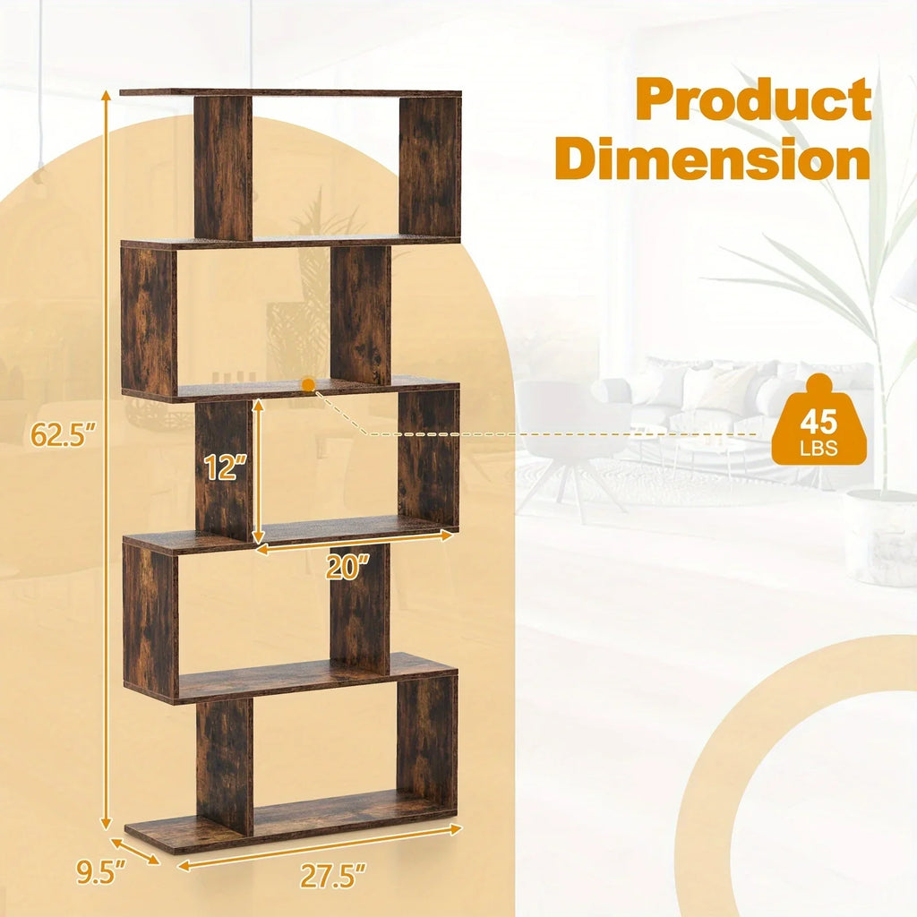 5-tier Geometric S-shaped Bookcase, Rustic Wooden Room Divider Storage Display Shelf, 62.5" Tall... - House Of Avana