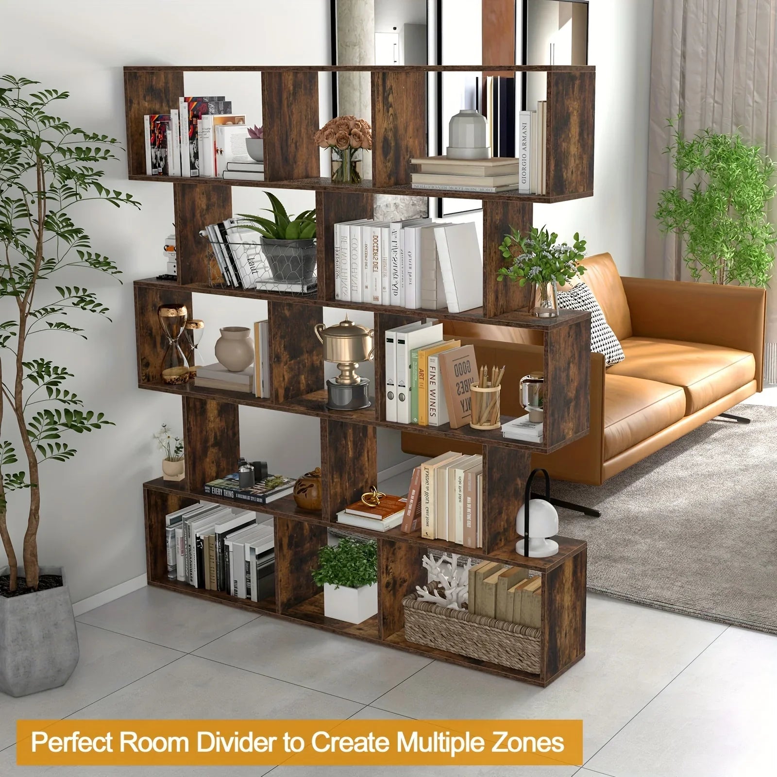 5-tier Geometric S-shaped Bookcase, Rustic Wooden Room Divider Storage Display Shelf, 62.5" Tall... - House Of Avana