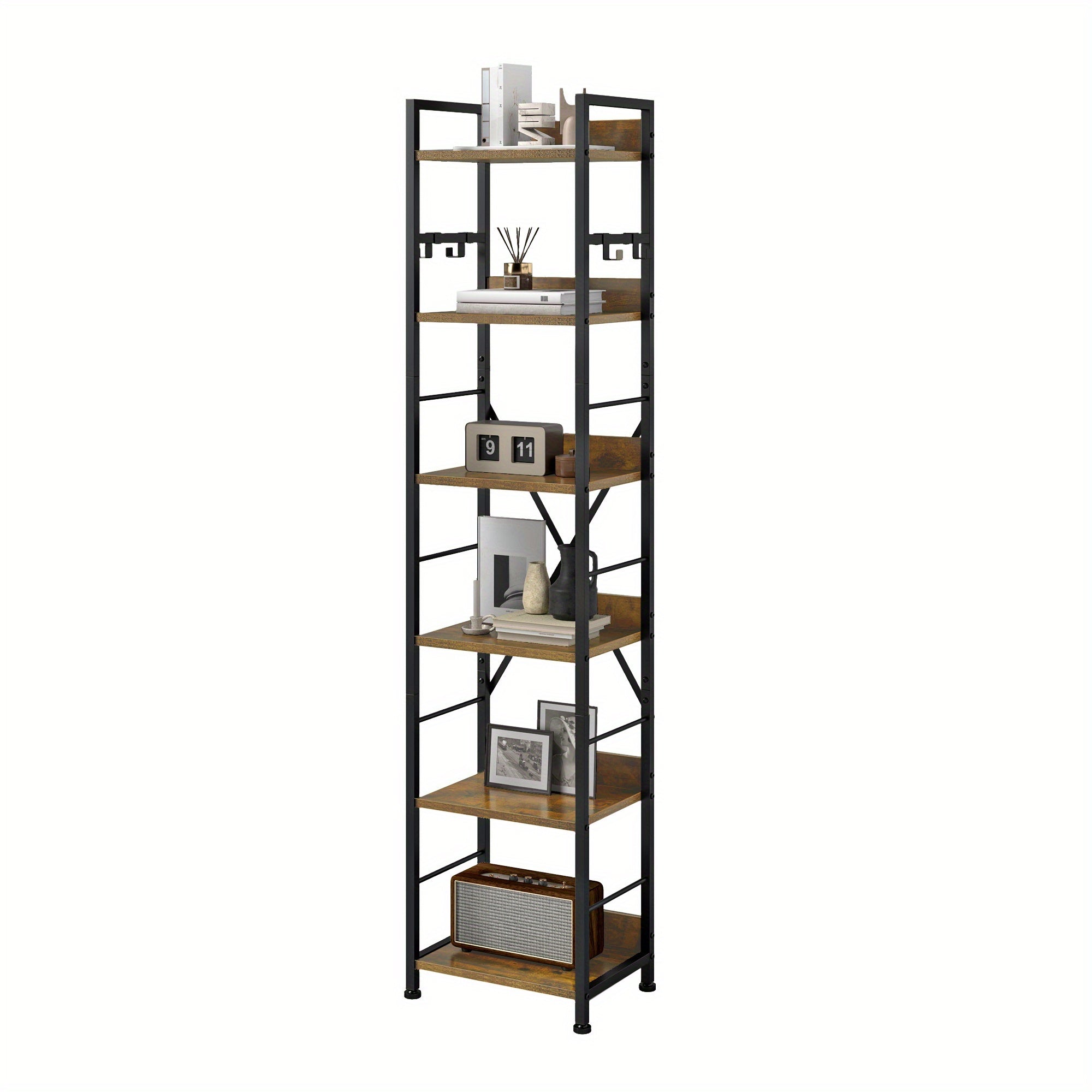 Rustic Brown Bookshelf Bookcase 6 Tiers, Floor Standing Book Shelf with 4 Hooks, Wooden Shelf and Metal Frame Book Rack Industrial Tall Shelf Unit Storage for Living Room, Home Office House Of Avana