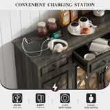 Wooden charging station with electronic devices and a plate of food, featuring text and icons about its features.