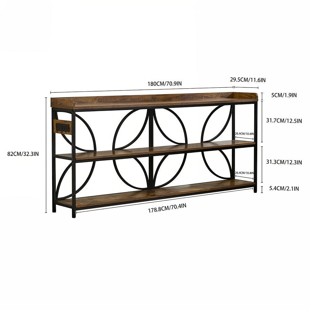 70.9" Extra Long Industrial Console Table, 3-Tier Rustic Metal & Wooden Display Rack, Heavy Duty Storage Shelves with Built-In Outlets, Vintage Entryway or Office Table, 54.3 lbs, Marble White or Rustic Finish, Entryway Furni House Of Avana