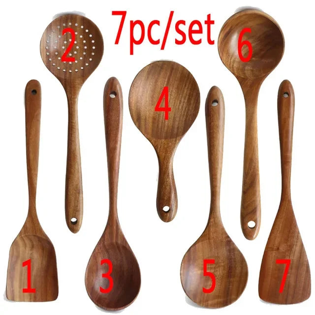 Cooking Spoons - Non-Stick Wooden Teak Set