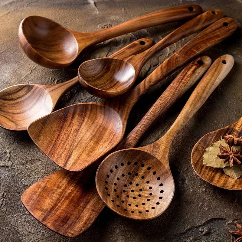 Cooking Spoons - Non-Stick Wooden Teak Set