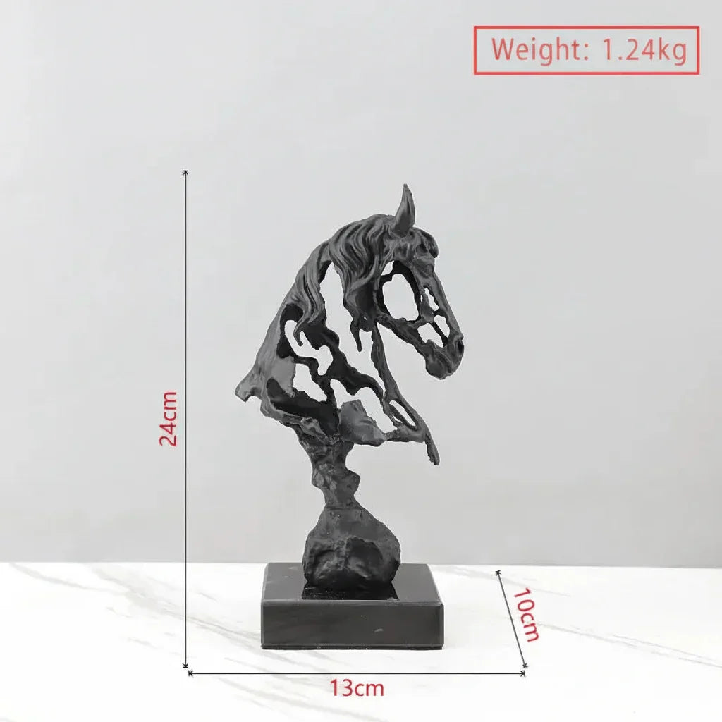 Black horse sculpture with measurements on a white background