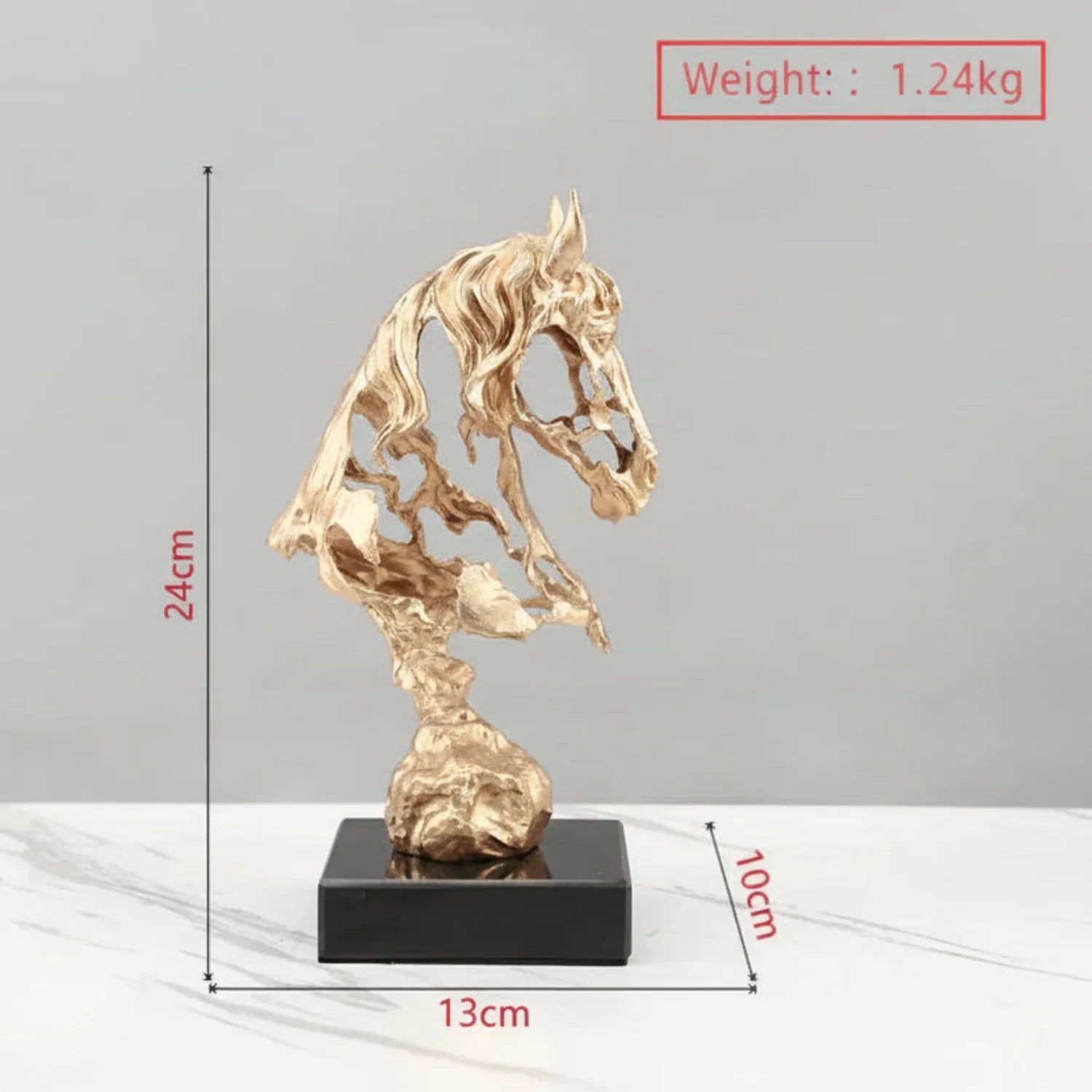Gold horse sculpture with measurements on a gray background