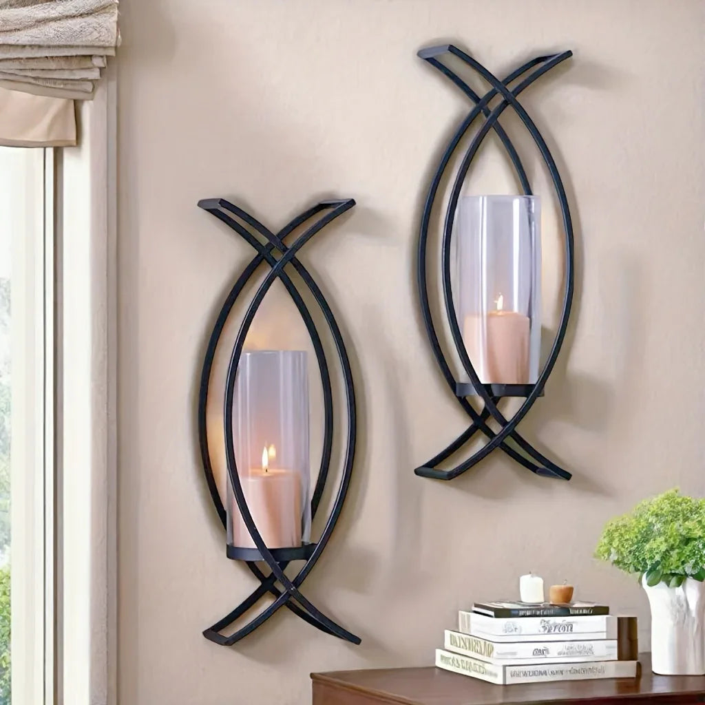 SET OF 2 WALL CANDLE HOLDER with GLASS SHADE House Of Avana