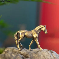 Antique Brass Solid Long Tail Horse Figurines Miniatures Feng Shui Ornaments Copper Zodiac Animal Mini Desktop Decoration Crafts