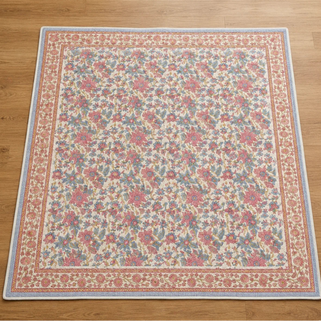 Cream & Rose Pink Dusty Blue Jaipur Indian hand block print floral quilted comforter | hand block printed muslin cotton quilt Jaipur India | Indian handicraft bedding | Sanganer floral comforter Queen King | artisan block print | House of Avana