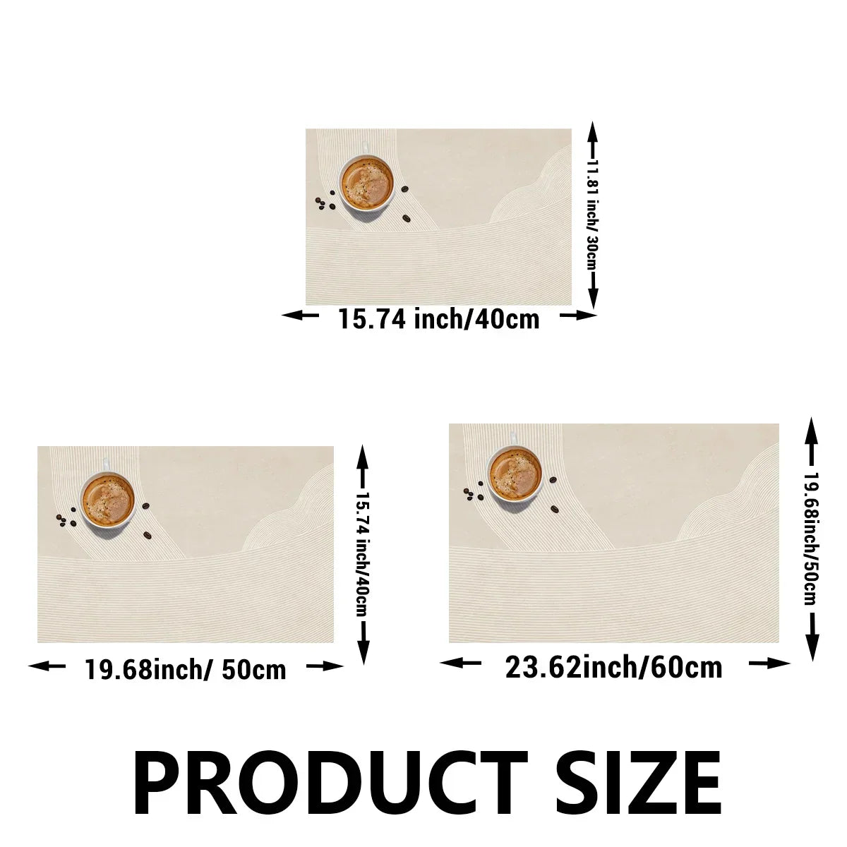 Beige placemats with coffee cups on a white background, showing measurements.