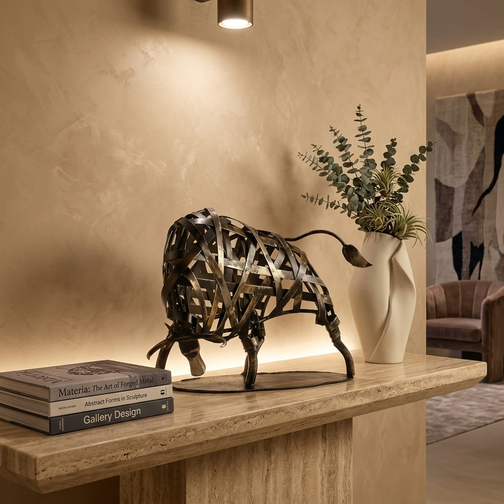 Woven Metal Bull Sculpture Modern Iron Art