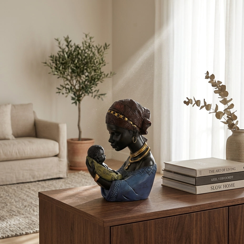 Traditional African Mother & Child Resin Sculpture Decorative Figurine