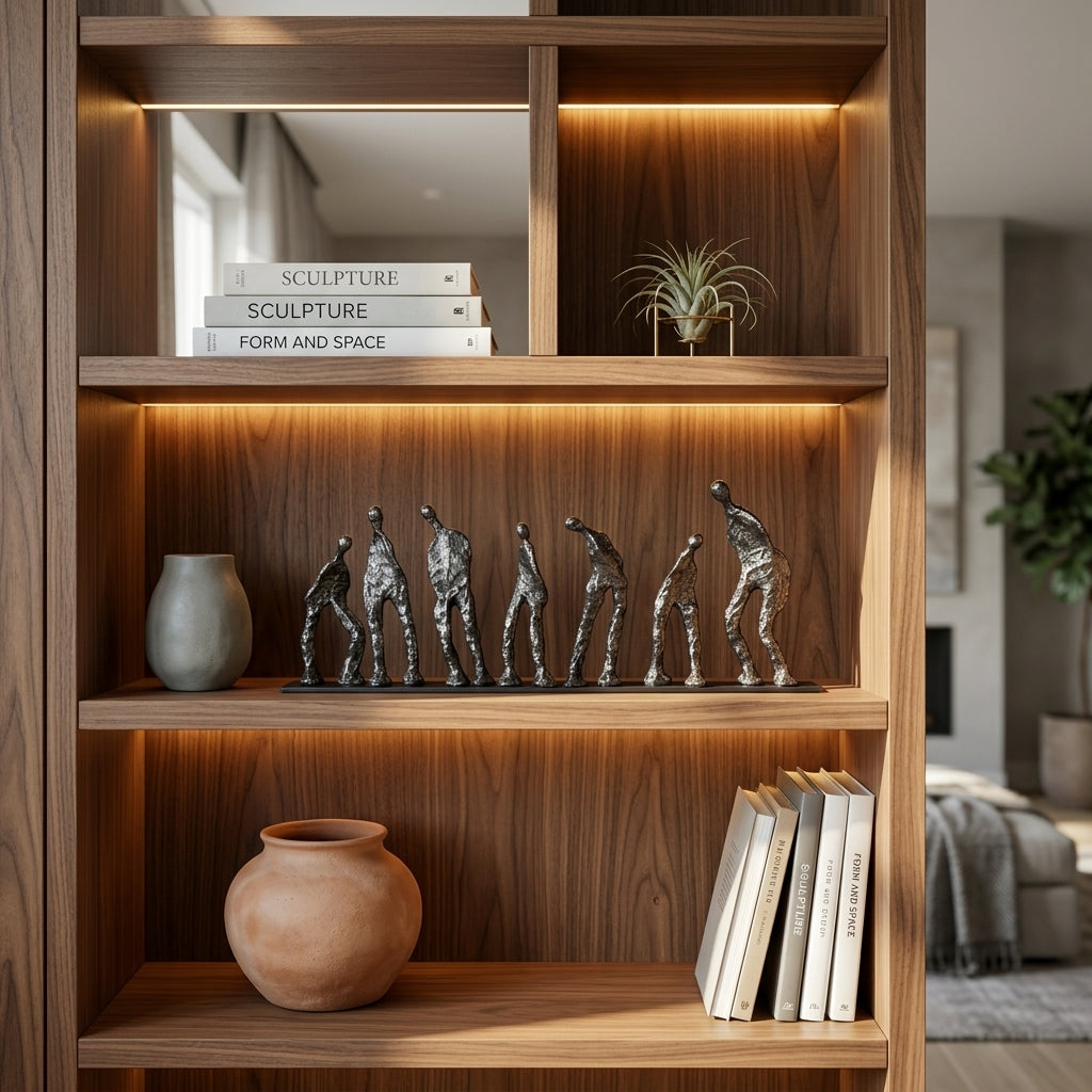 A tall wooden bookshelf with warm LED lighting in the compartments, styled with books, vases, and a row of metallic human figure sculptures on a middle shelf. [[SKU:HOA-SCU-012]]