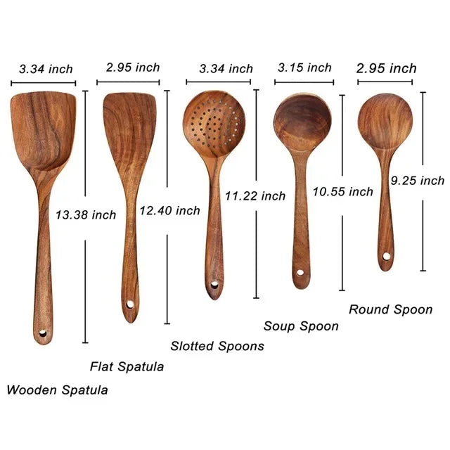 Cooking Spoons - Non-Stick Wooden Teak Set