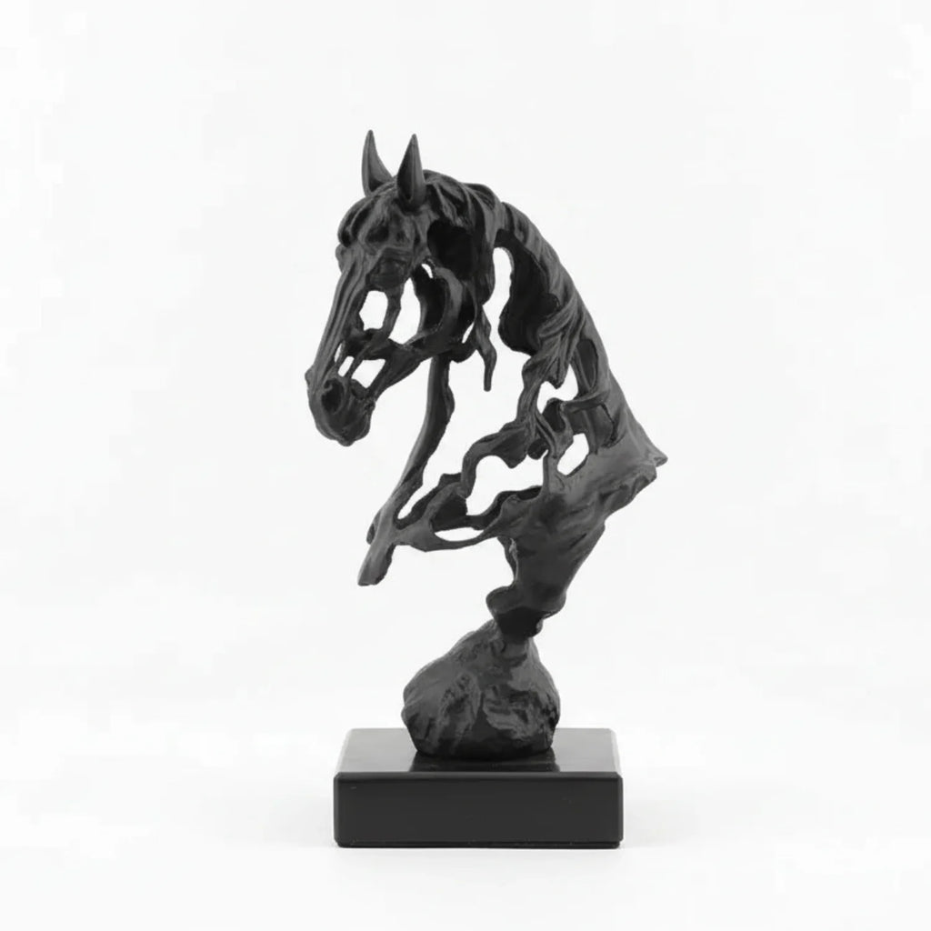 Black and gold horse sculptures on books with a gray background