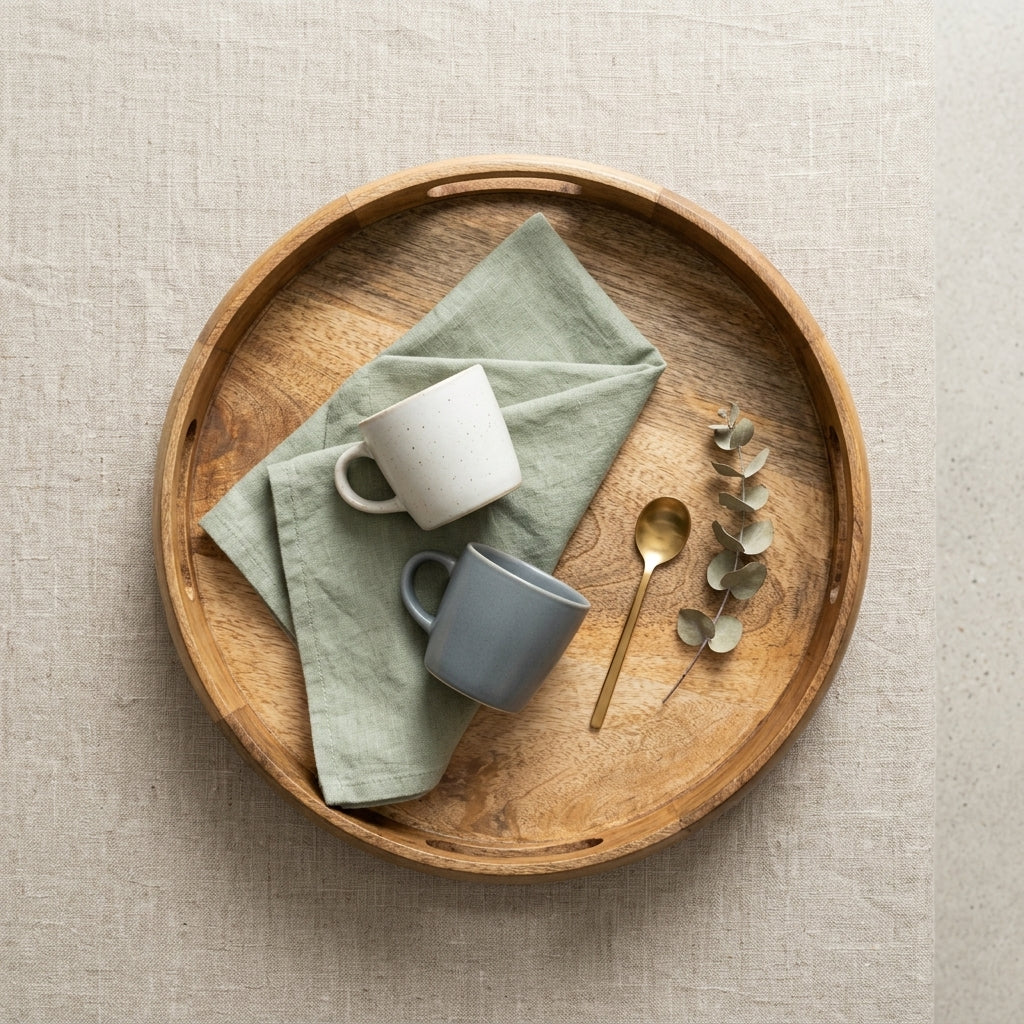 Two mugs on a wooden tray with a green napkin and a gold spoon on a beige surface