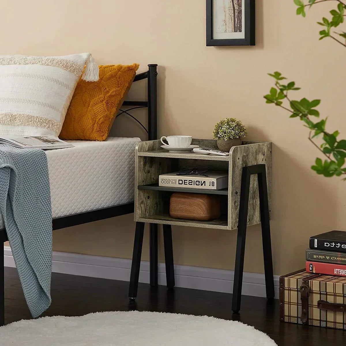 Set of 2 Modern Industrial Grey Wood Black Metal Side Table Nightstand End Table