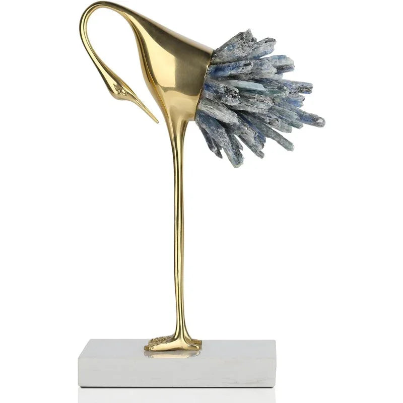 Set of 3 Vintage Golden Crane Bird Statues - Plastic Figurines with Crystal-Tipped Feathers & Brass, Wedding/Home Decor, Blue-Tinted Tail Ants, Marble-Like Base - Elegant Tabletop or Wall-Mounted Gift for & (Diecast House Of Avana