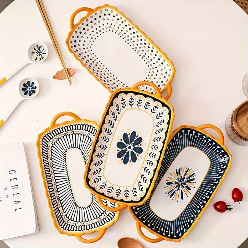 Set of 4 Hand-Painted Creative Ceramic Plates with Handles - House Of Avana