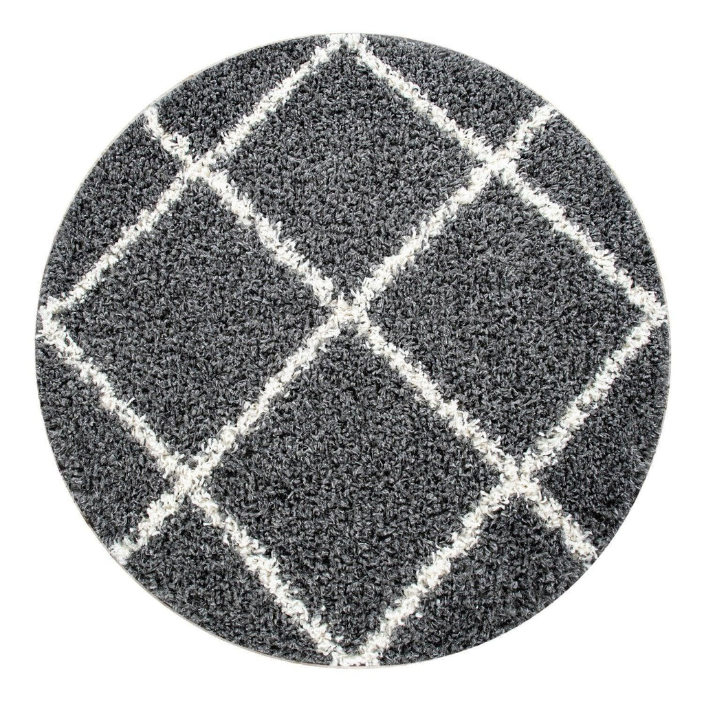 Shag Rug Dark Gray with Diamond Pattern Scandi Design, angled view - House Of Avana