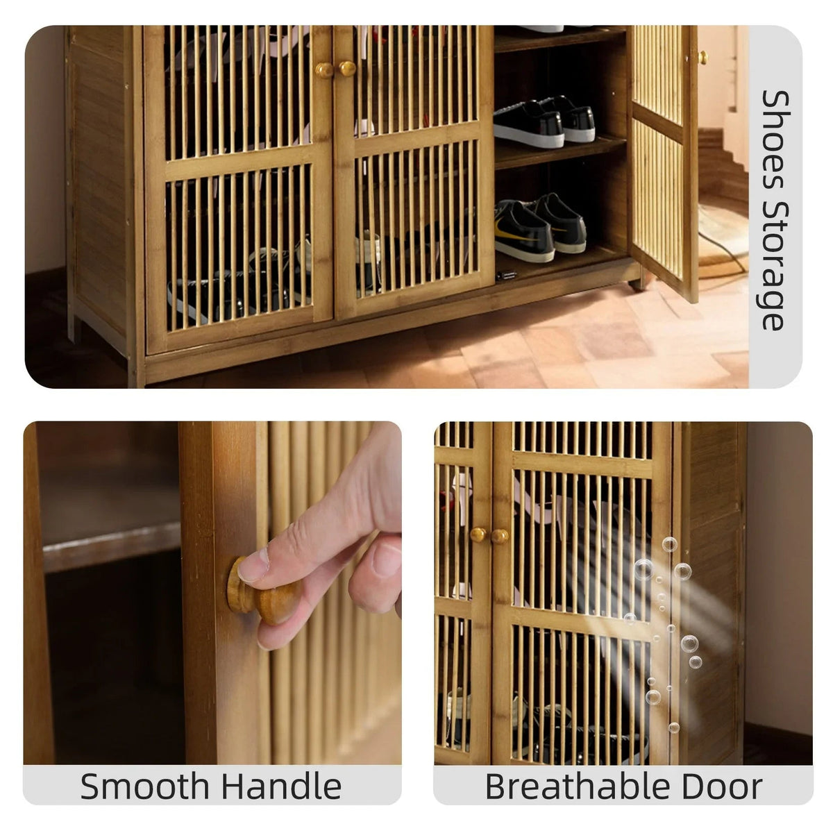 Shoes Rack Cabinet: Vintage Freestanding 4 Tier Shelves Shoe Storage Cabinet with 3 Hollow Doors Shoe Organizer Cabinet for Entryway, Closet, Hallway House Of Avana [[SKU:HOA-SHO-002]]